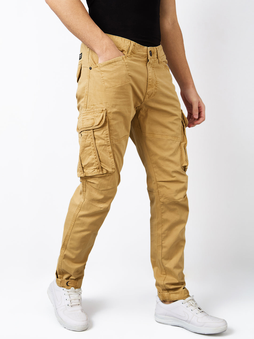 Spykar Khaki Regular Fit Mid Rise Cargo For Men