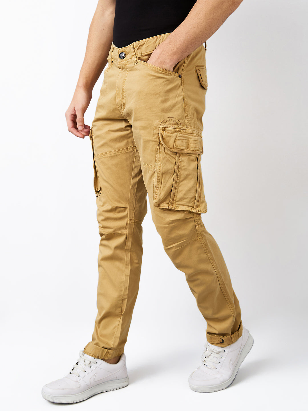 Spykar Khaki Regular Fit Mid Rise Cargo For Men