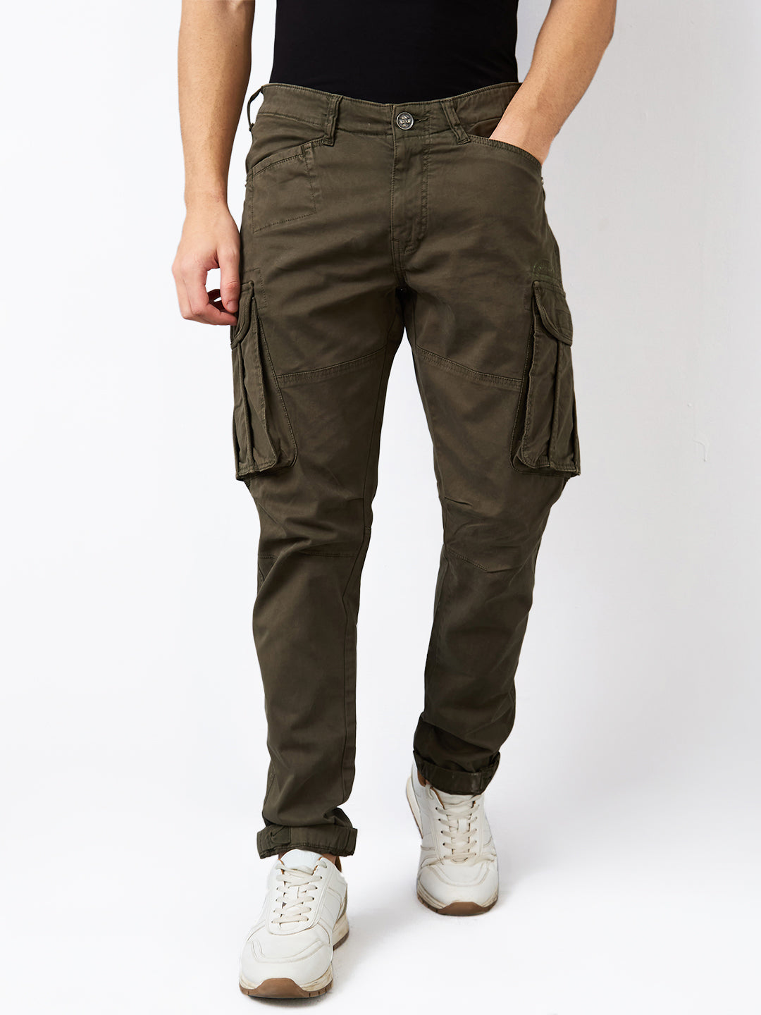 Men Cargo Regular Fit Green Mid Rise