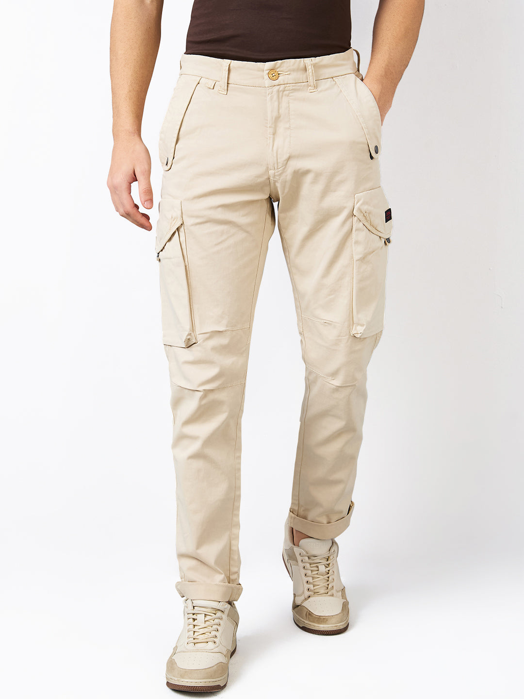 Spykar Beige Regular Fit Mid Rise Cargo For Men