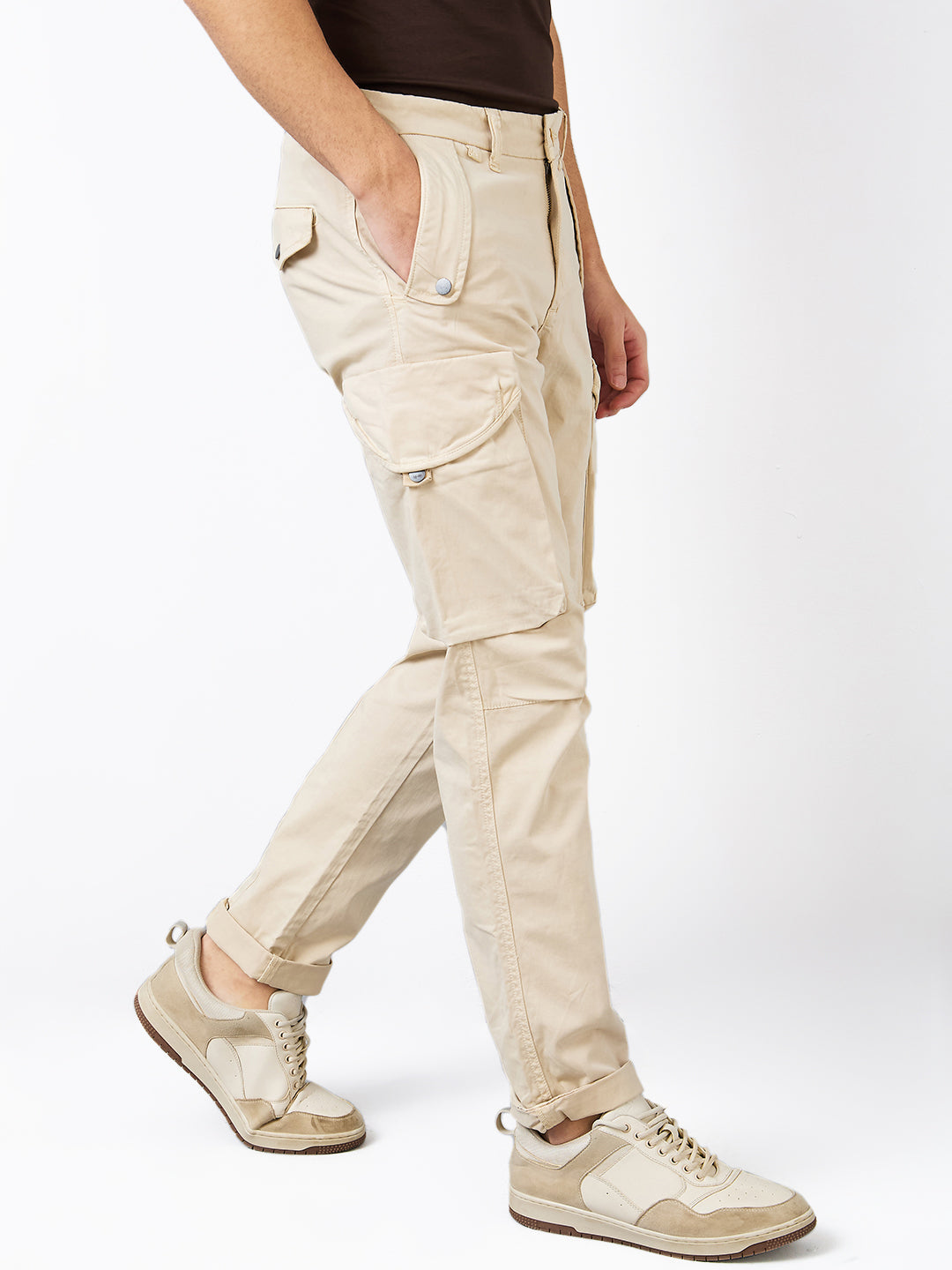 Spykar Beige Regular Fit Mid Rise Cargo For Men