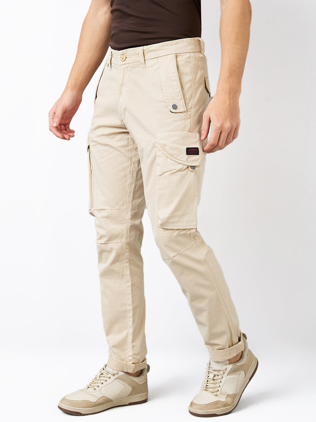 Spykar Beige Regular Fit Mid Rise Cargo For Men