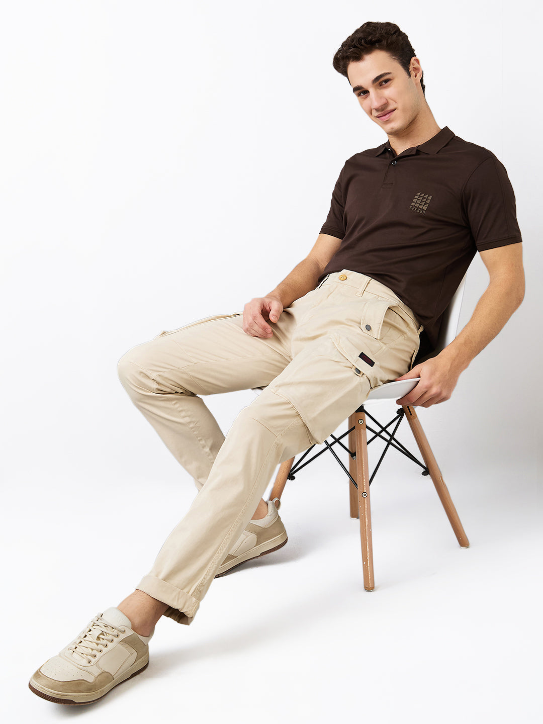 Spykar Beige Regular Fit Mid Rise Cargo For Men