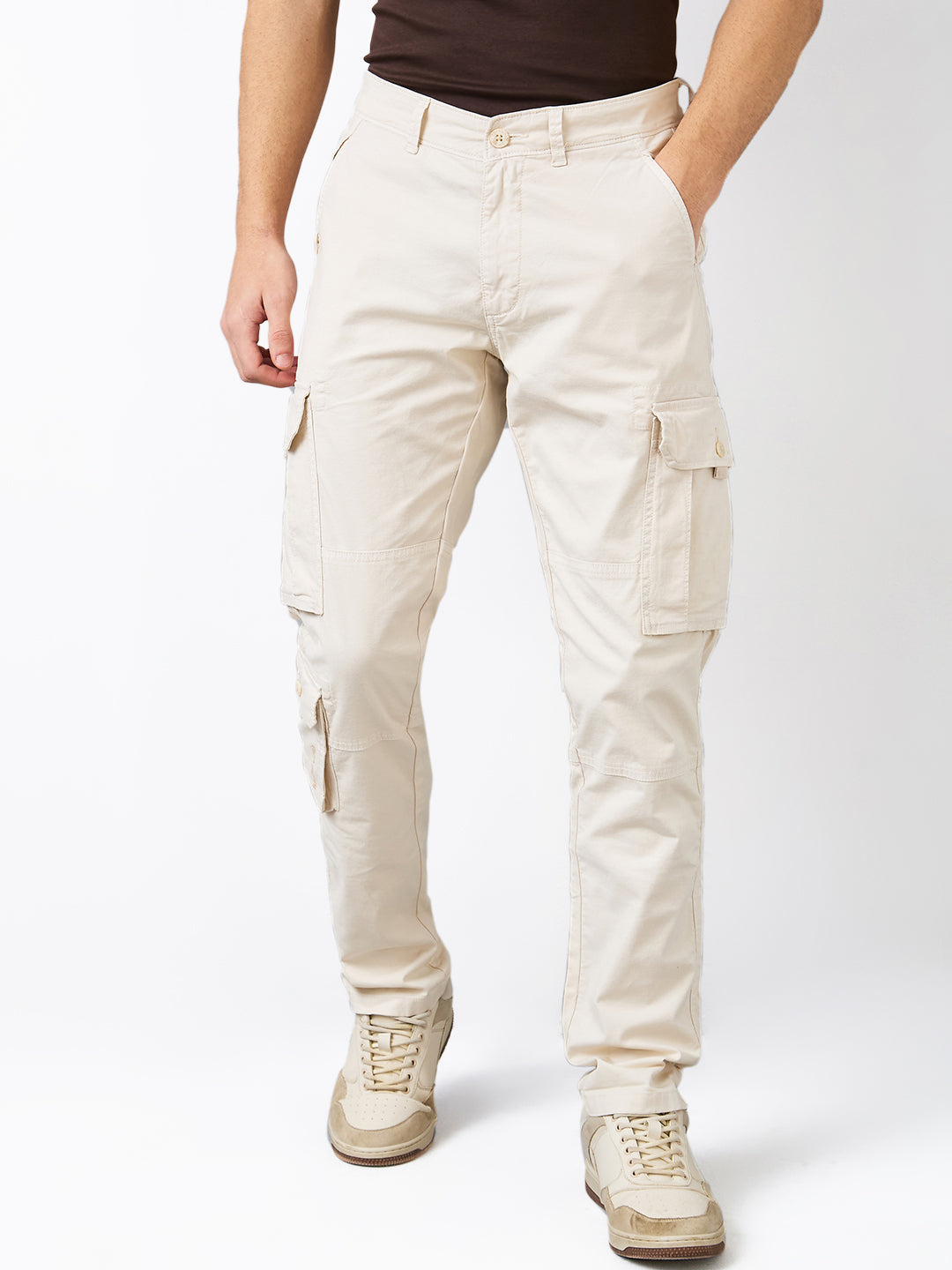 Spykar White Regular Fit Mid Rise Cargo For Men