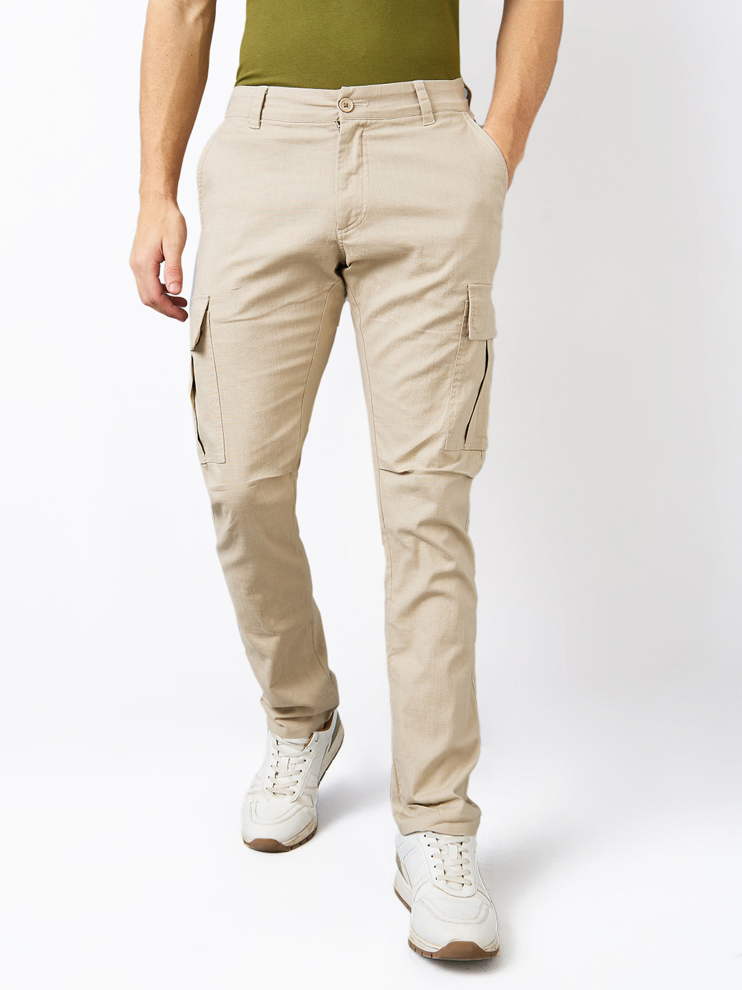 Men Cargo Regular Fit Beige Mid Rise