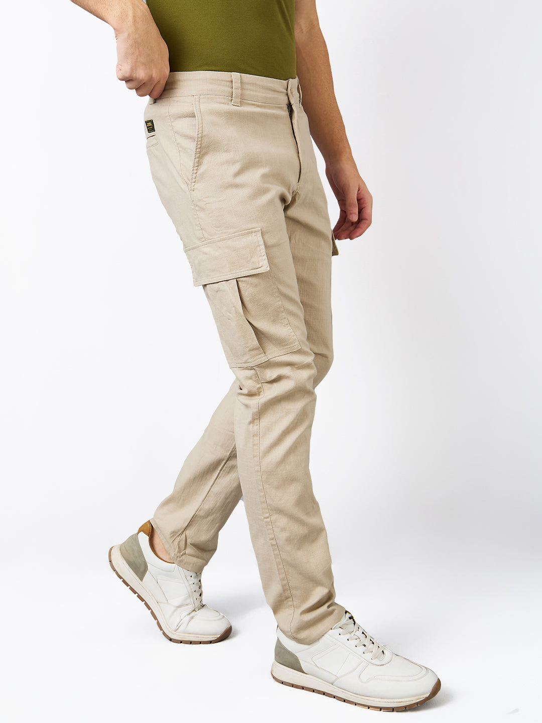 Men Cargo Regular Fit Beige Mid Rise