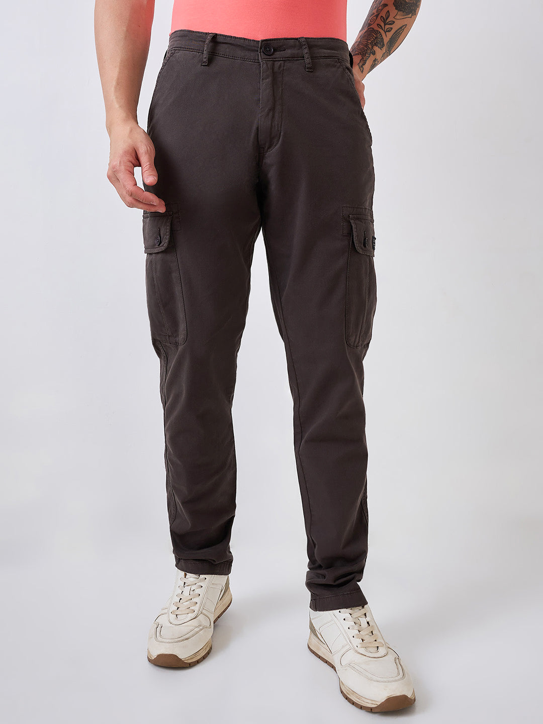 Men Cargo Regular Fit Grey Mid Rise