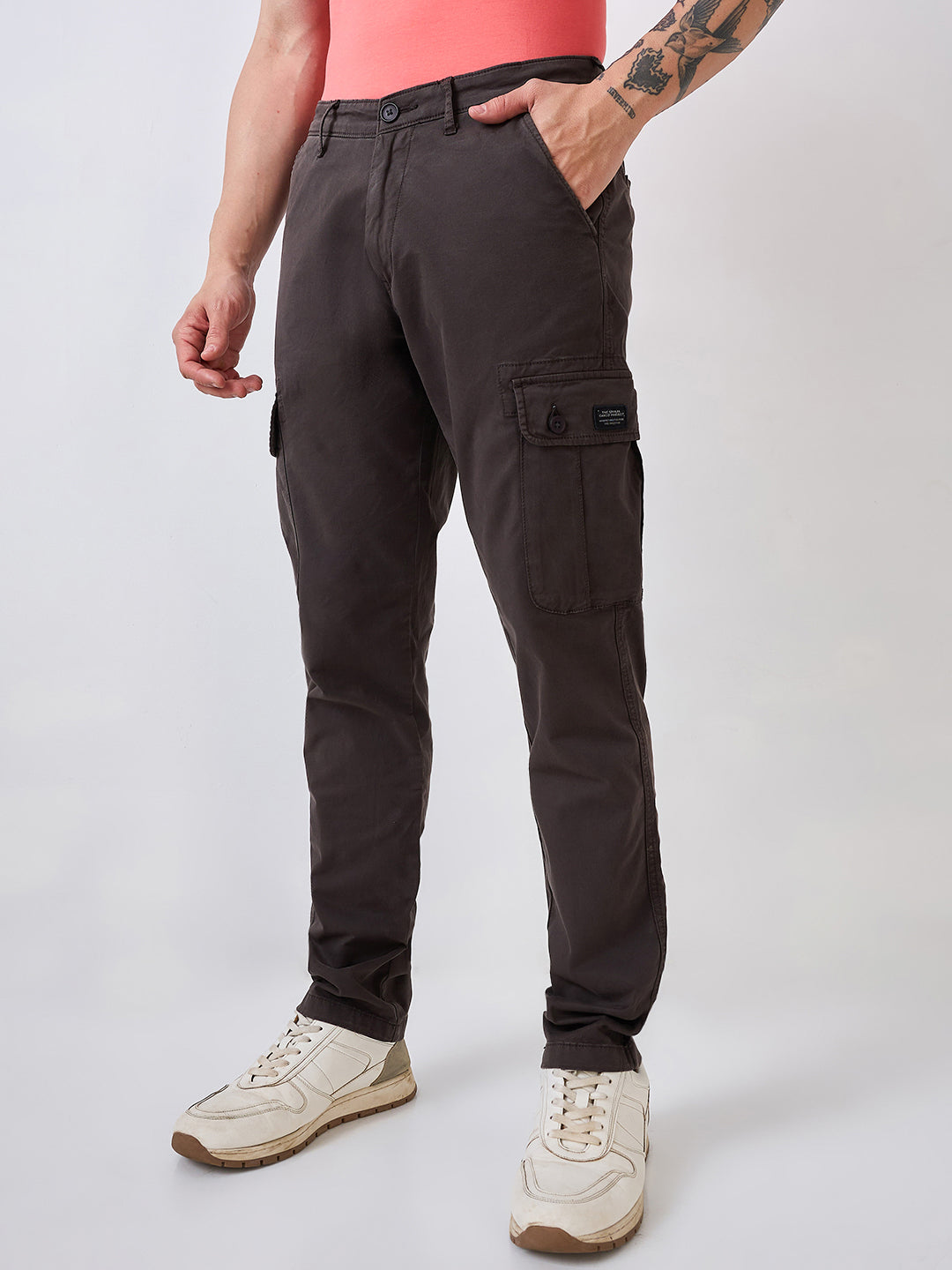 Spykar Grey Regular Fit Mid Rise Cargo For Men