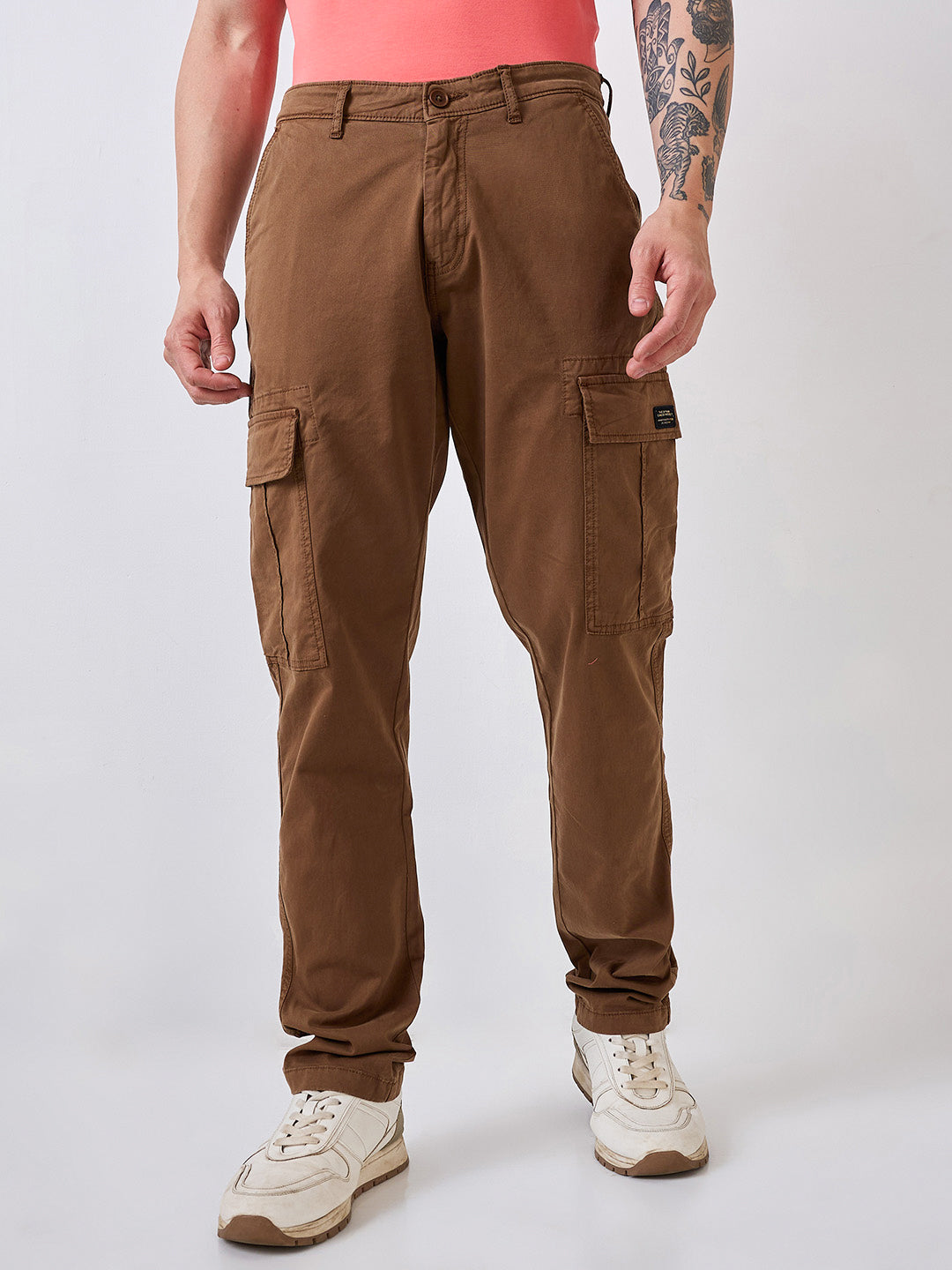 Men Cargo Regular Fit Brown Mid Rise
