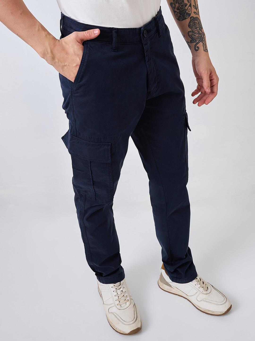 Men Cargo Regular Fit Blue Mid Rise