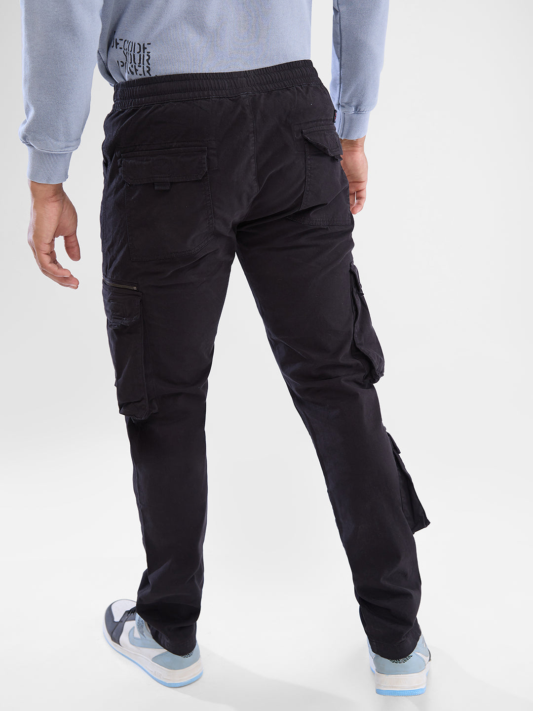 Men Cargo Relaxed Fit Jet Black Mid Rise