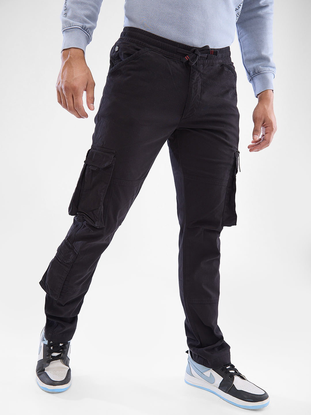 Men Cargo Relaxed Fit Jet Black Mid Rise