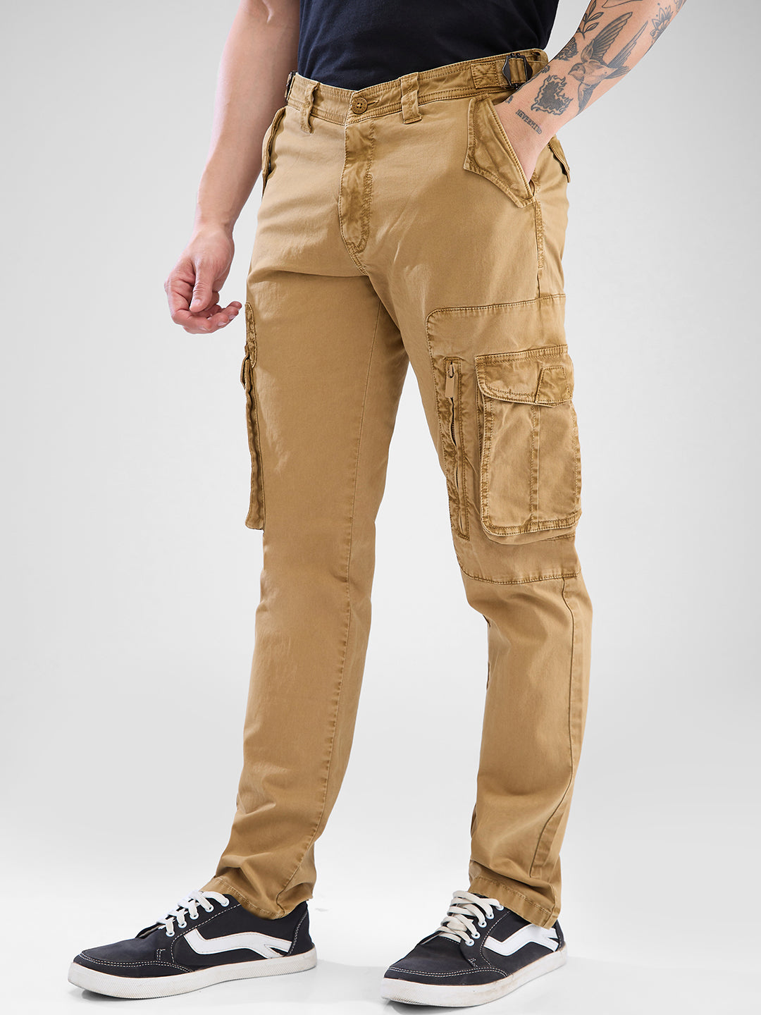 Men Cargo Regular Fit Camel Khaki Mid Rise