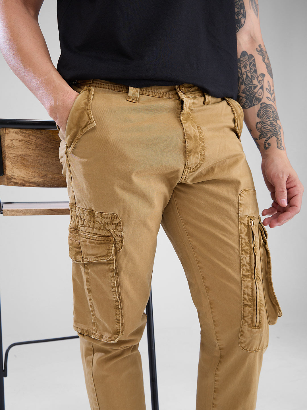 Men Cargo Regular Fit Camel Khaki Mid Rise
