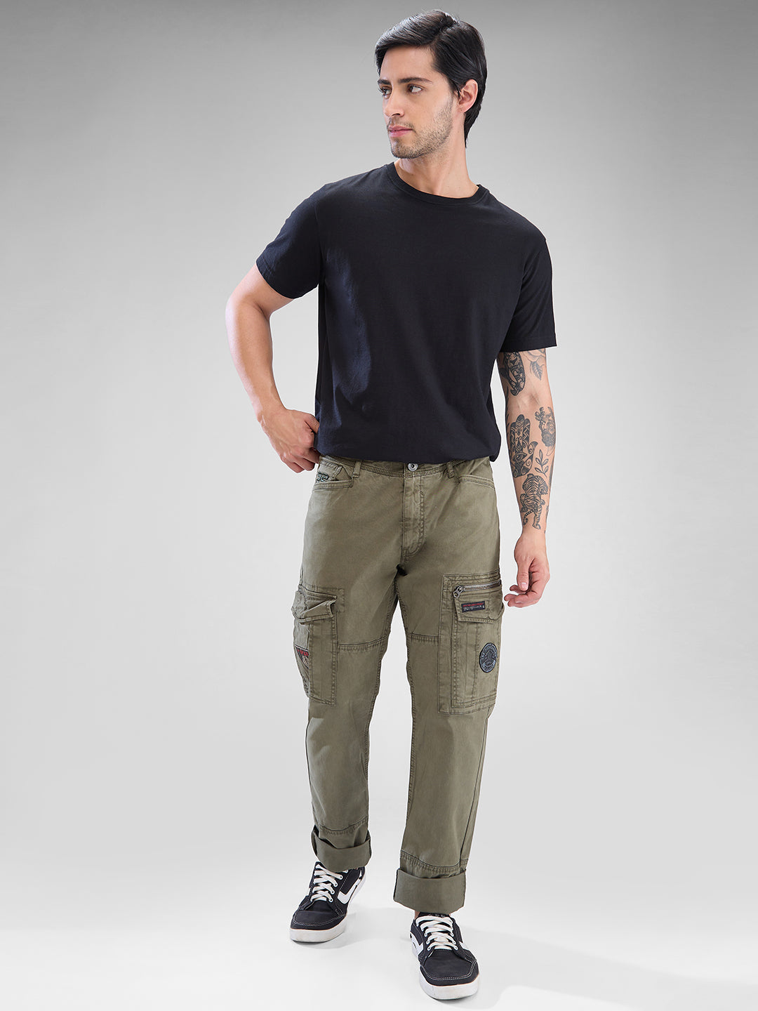 Spykar Olive Green Mid Rise Cargo For Men