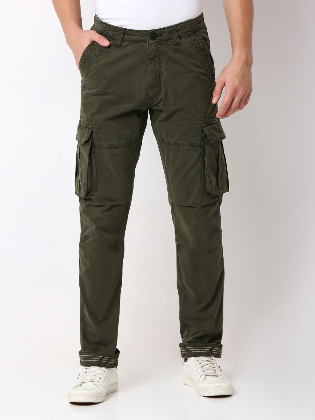 Spykar Rifle Green Mid Rise Trouser For Men