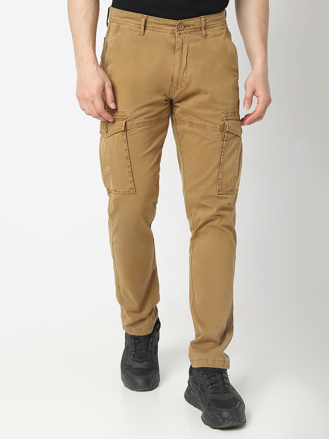 Men Trouser Cargo Fit Khaki Mid Rise