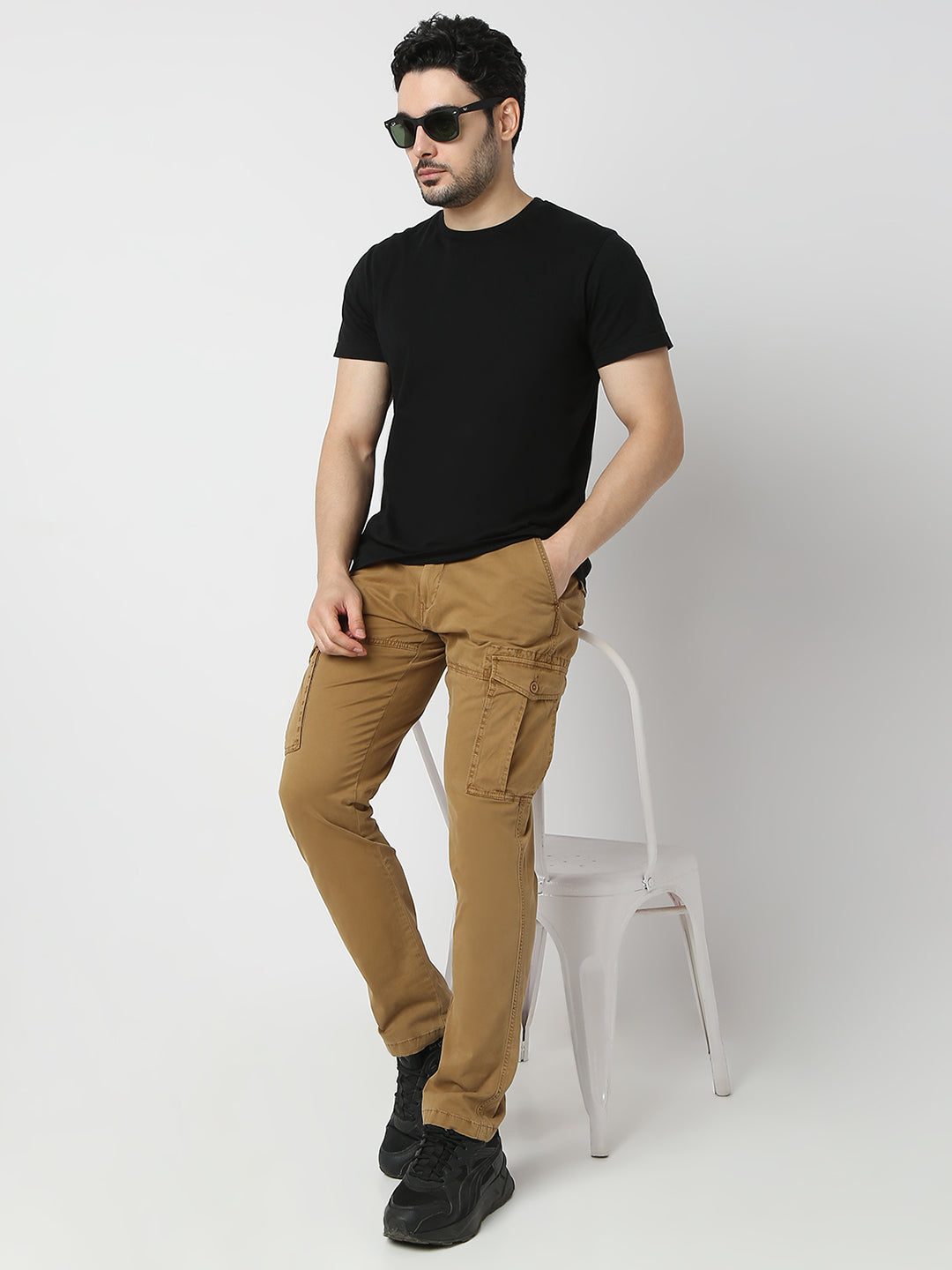 Men Trouser Cargo Fit Khaki Mid Rise