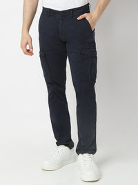 Men Trouser Cargo Fit Navy Blue Mid Rise
