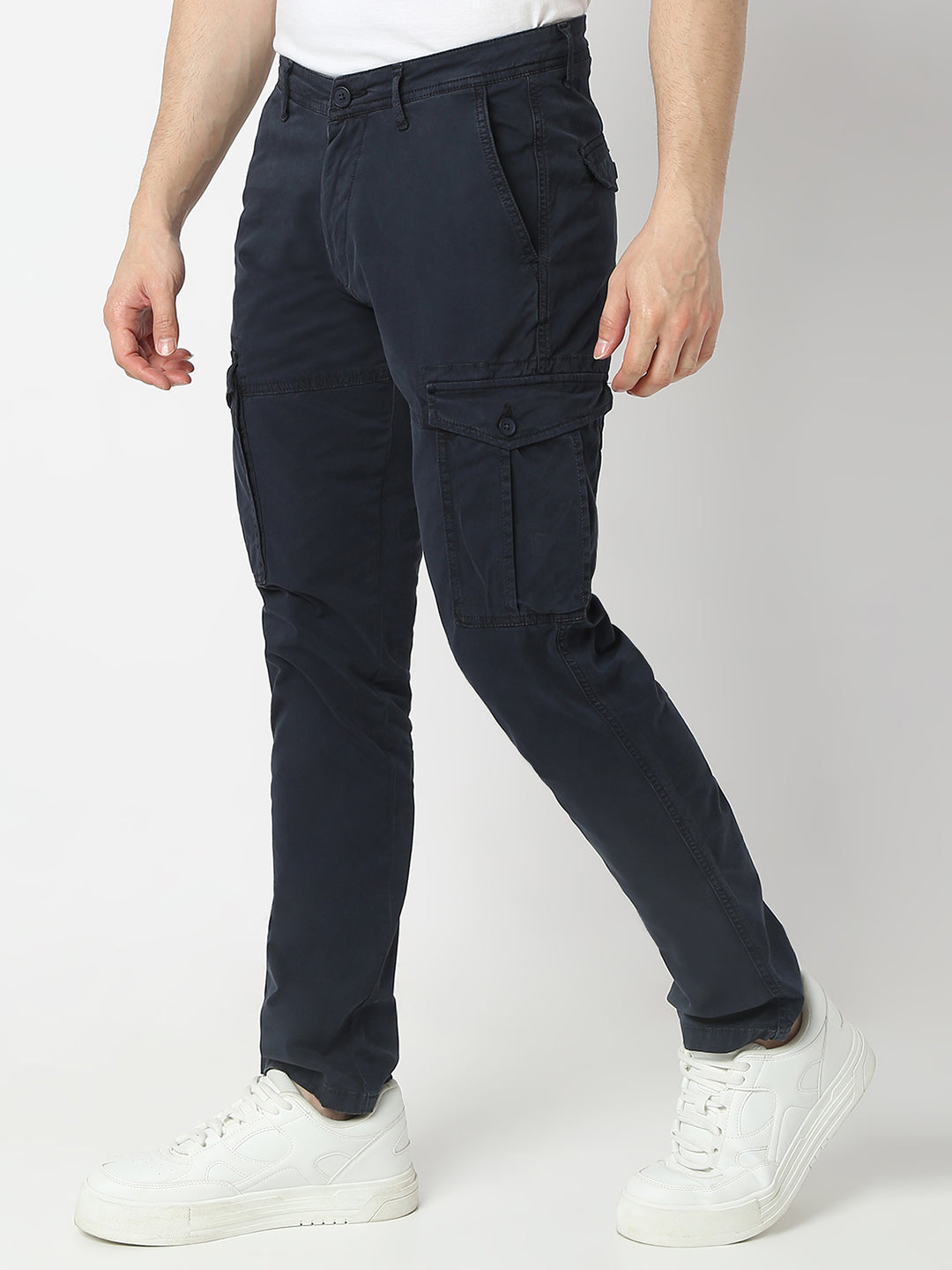 Men Trouser Cargo Fit Navy Blue Mid Rise