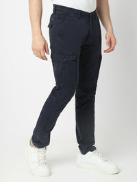 Men Trouser Cargo Fit Navy Blue Mid Rise