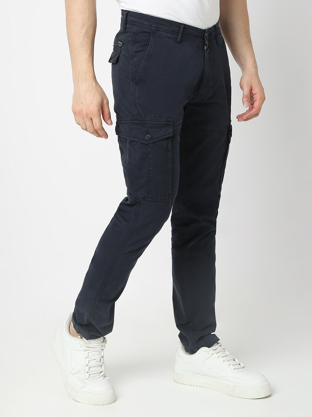 Men Trouser Cargo Fit Navy Blue Mid Rise