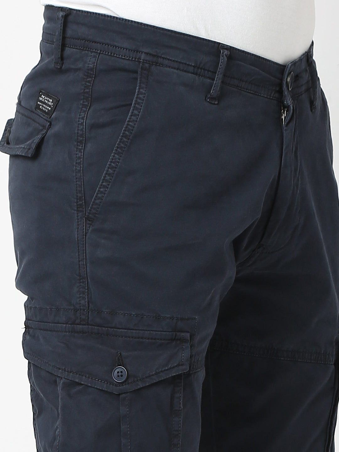 Men Trouser Cargo Fit Navy Blue Mid Rise