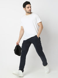 Men Trouser Cargo Fit Navy Blue Mid Rise