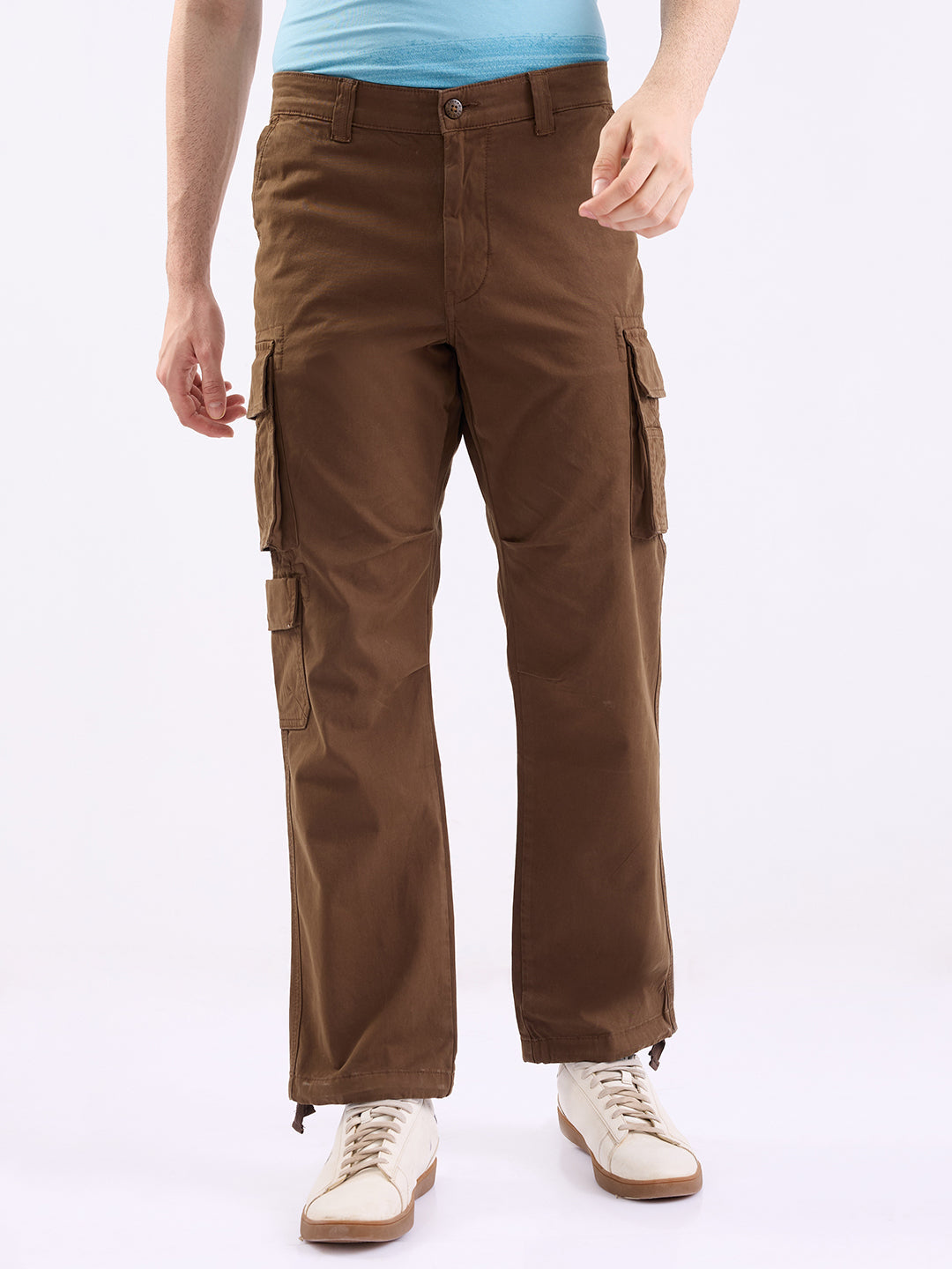 Men Trouser Relaxed Fit Brown Mid Rise