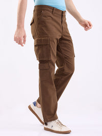 Men Trouser Relaxed Fit Brown Mid Rise