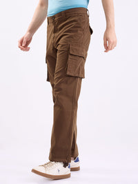 Men Trouser Relaxed Fit Brown Mid Rise