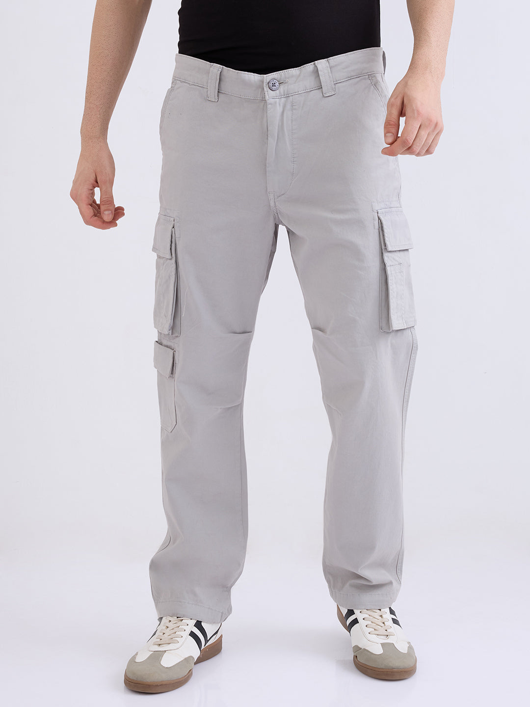 Men Trouser Relaxed Fit Grey Mid Rise