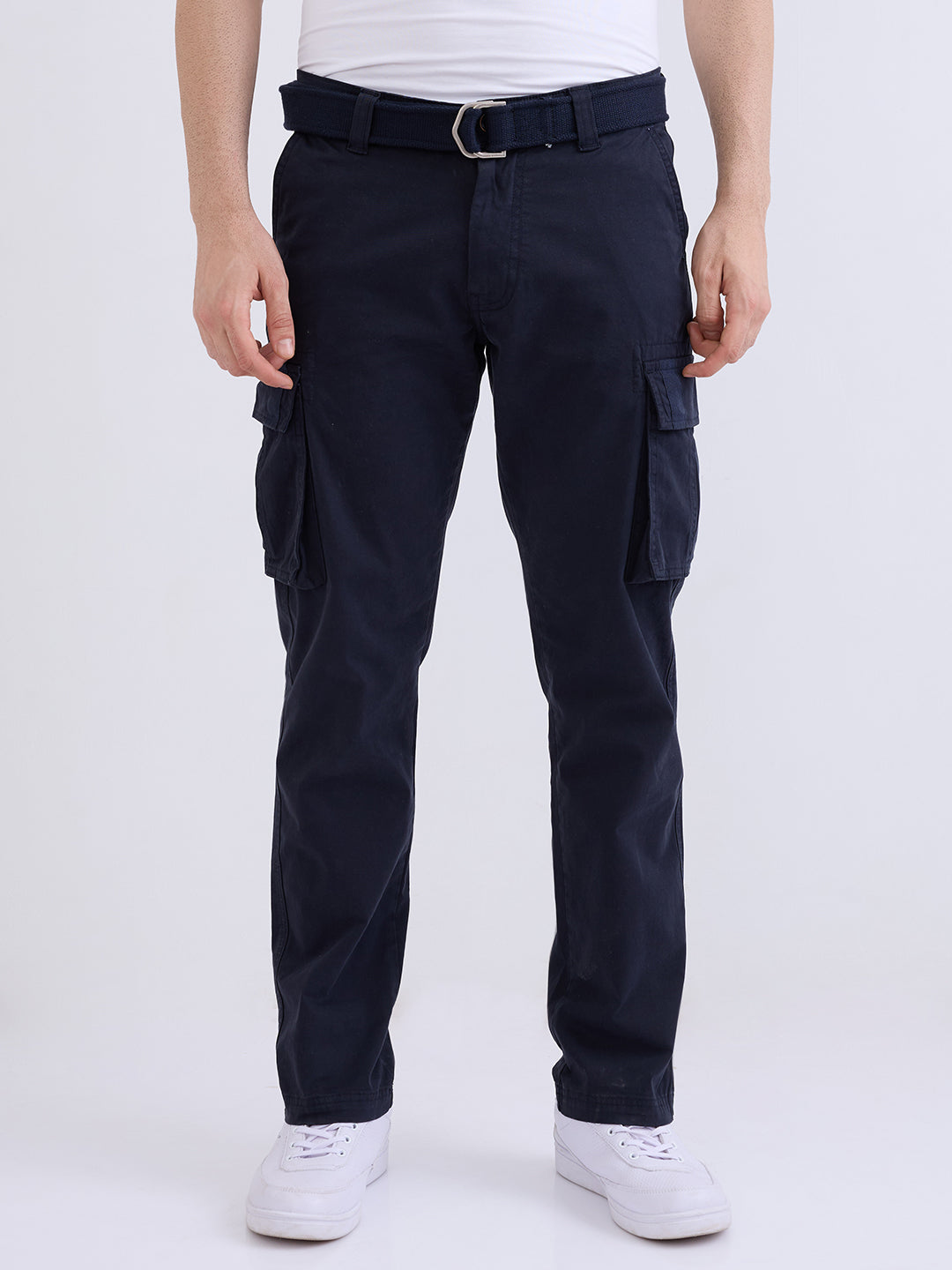 Spykar Navy Blue Mid Rise Cargo Fit Casual Trouser For Men