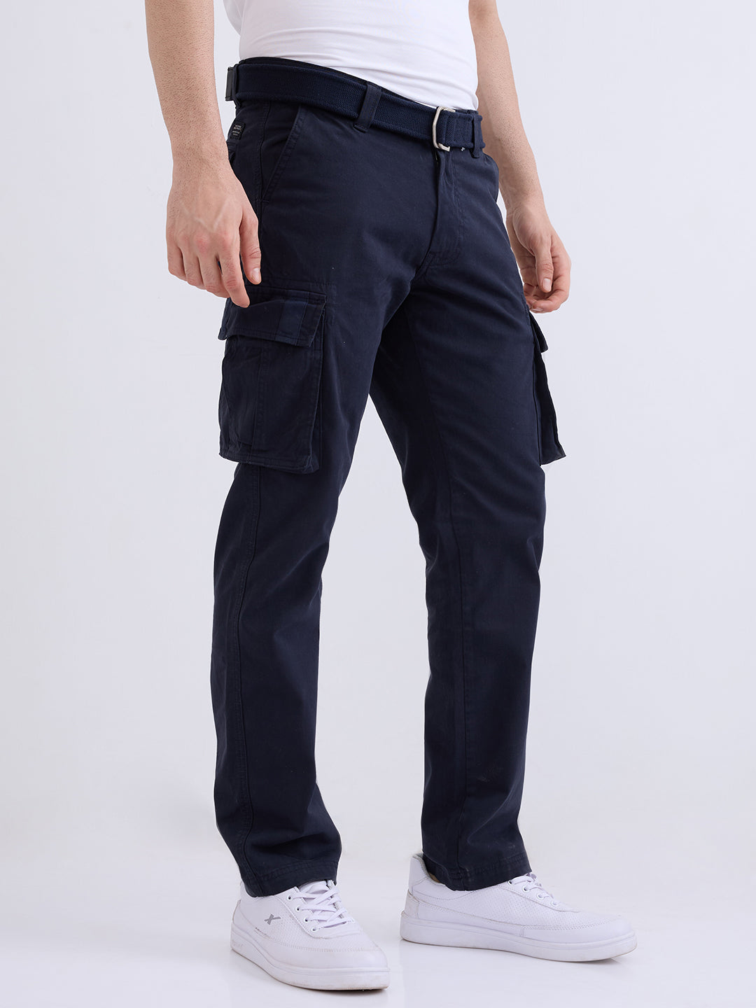 Spykar Navy Blue Mid Rise Cargo Fit Casual Trouser For Men