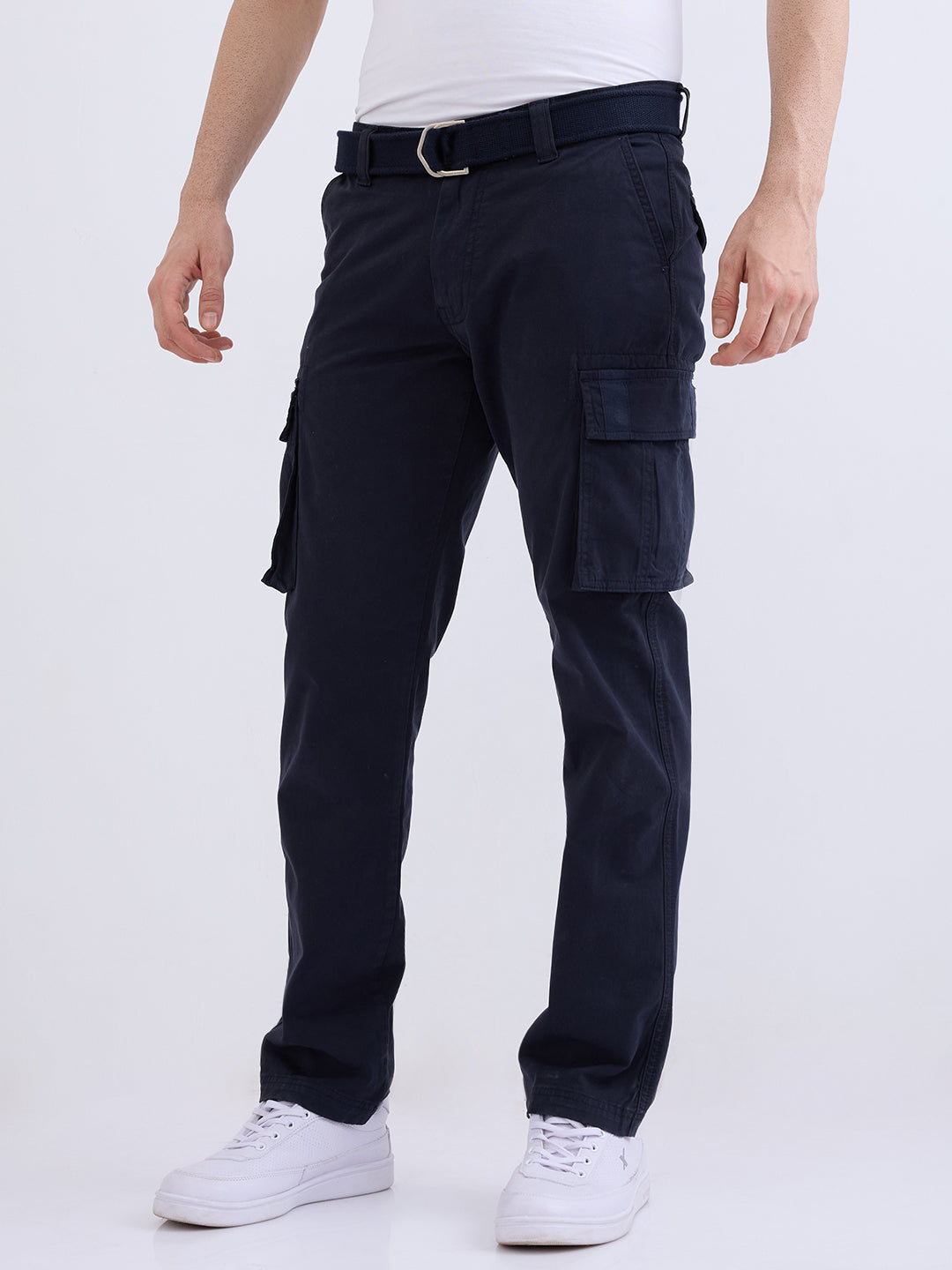 Spykar Navy Blue Mid Rise Cargo Fit Casual Trouser For Men