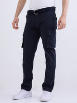 Men Trouser Cargo Fit Navy Blue Mid Rise
