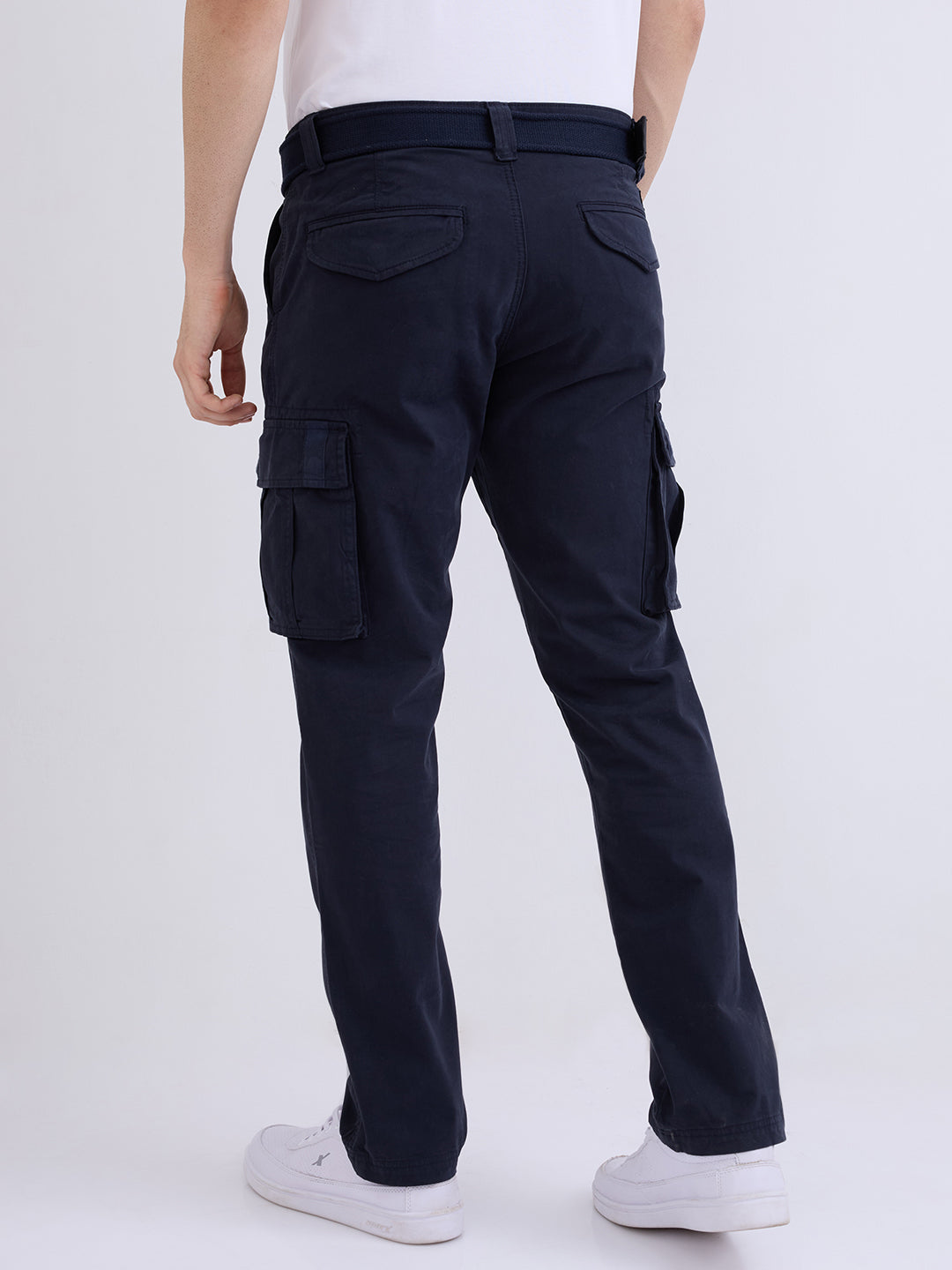 Spykar Navy Blue Mid Rise Cargo Fit Casual Trouser For Men
