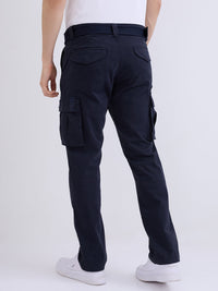 Men Trouser Cargo Fit Navy Blue Mid Rise