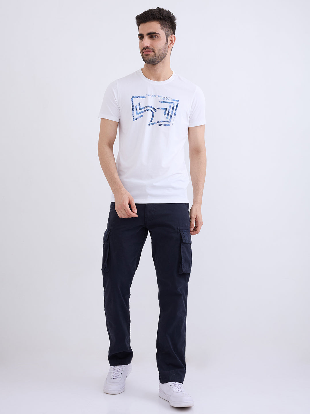 Spykar Navy Blue Mid Rise Cargo Fit Casual Trouser For Men