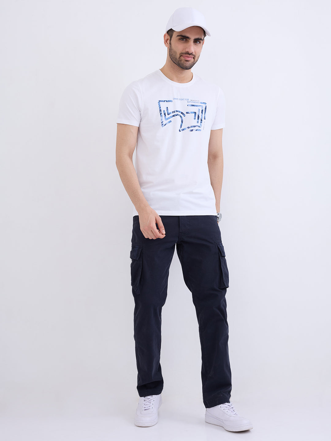 Spykar Navy Blue Mid Rise Cargo Fit Casual Trouser For Men