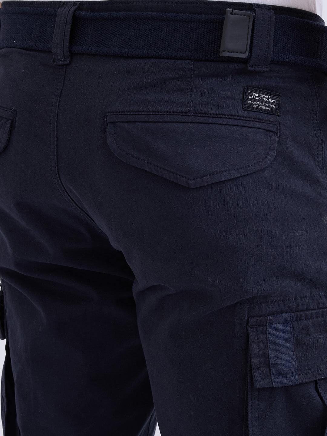 Spykar Navy Blue Mid Rise Cargo Fit Casual Trouser For Men