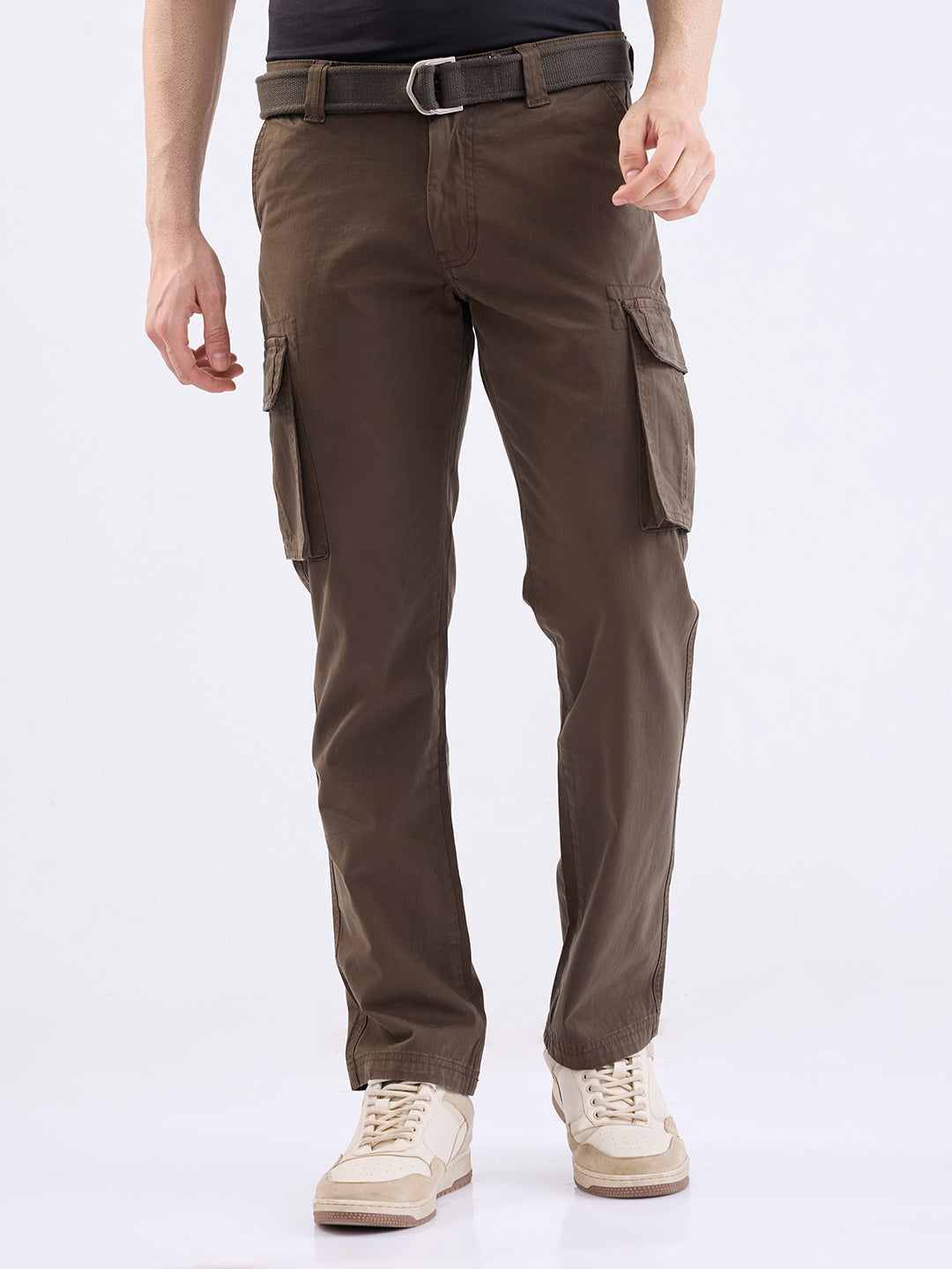Men Trouser Cargo Fit Olive Green Mid Rise
