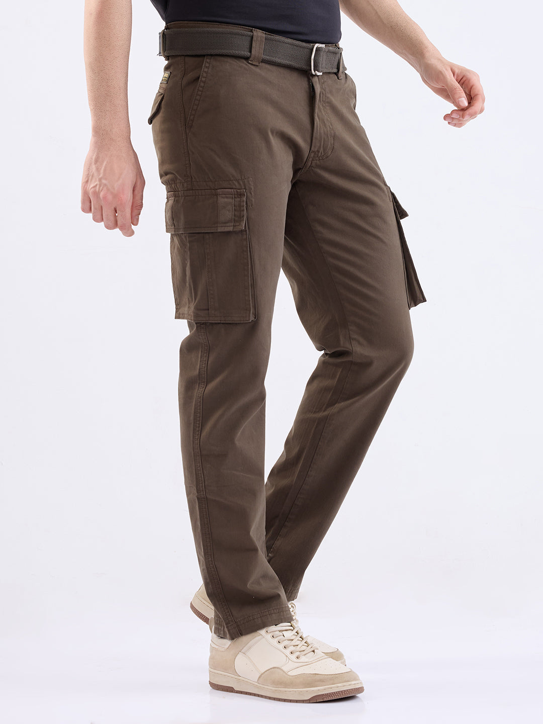 Men Trouser Cargo Fit Olive Green Mid Rise