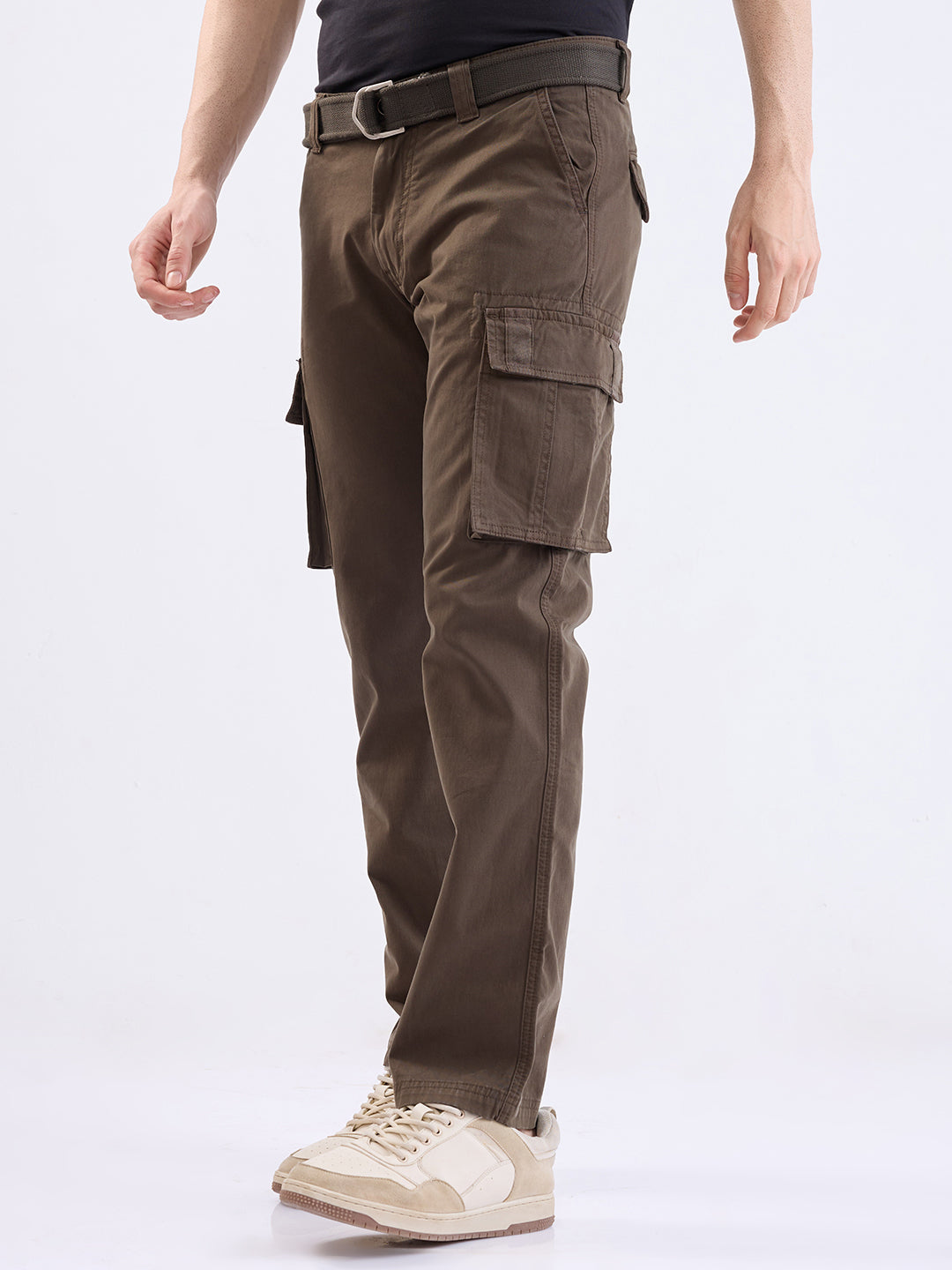 Men Trouser Cargo Fit Olive Green Mid Rise