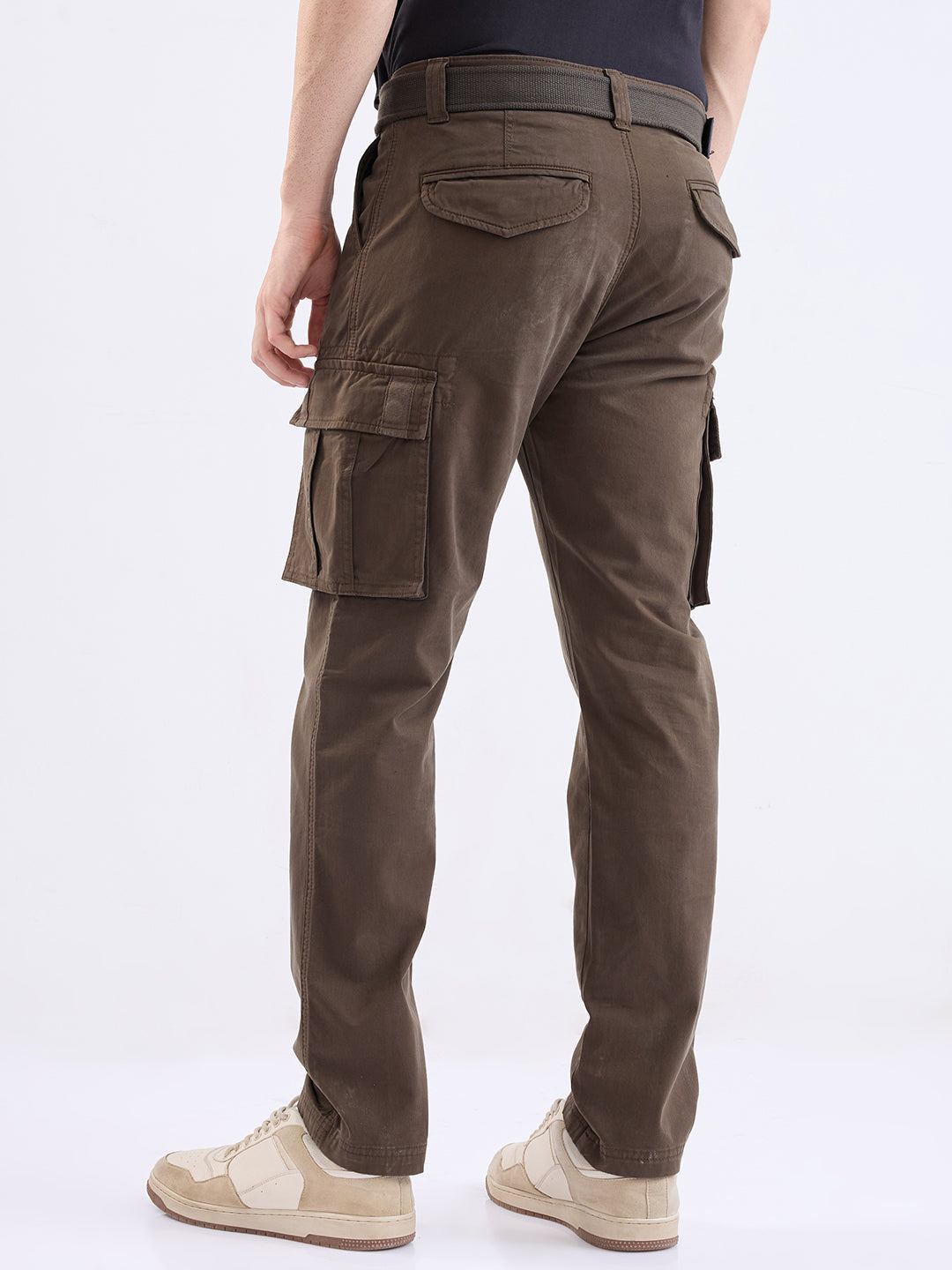 Spykar Olive Green Mid Rise Cargo Fit Casual Trouser For Men