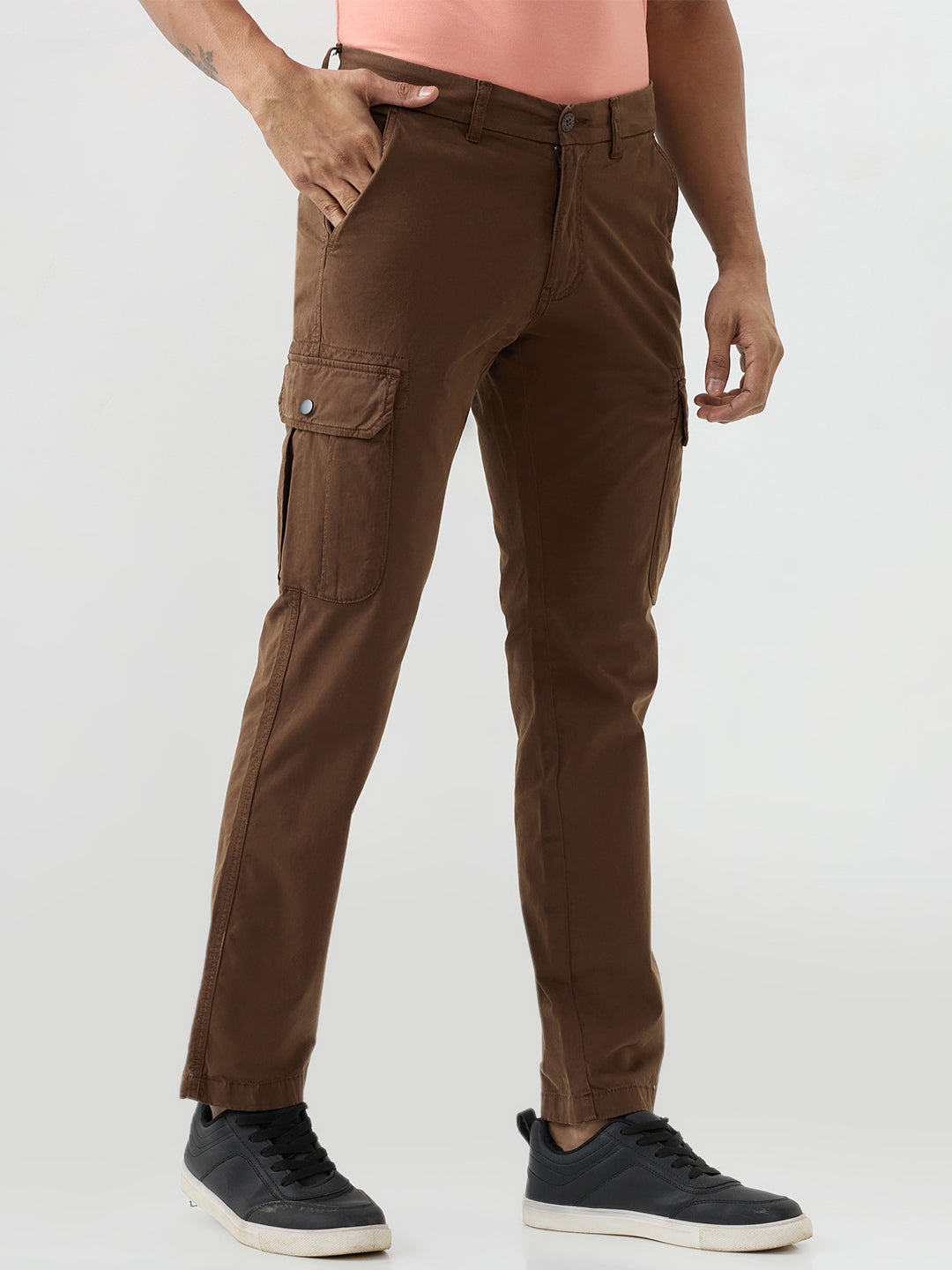 Men Trouser Cargo Fit Brown Mid Rise