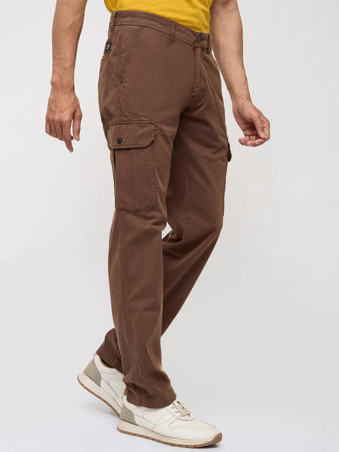Men Trouser Cargo Fit Brown Mid Rise