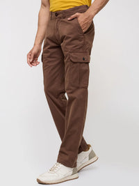 Men Trouser Cargo Fit Brown Mid Rise