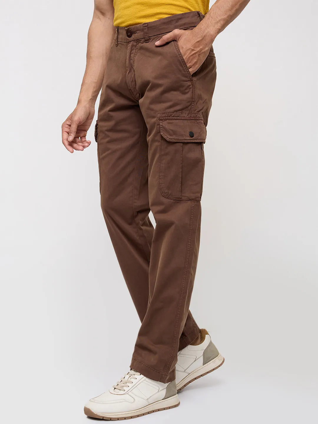 Men Trouser Cargo Fit Brown Mid Rise