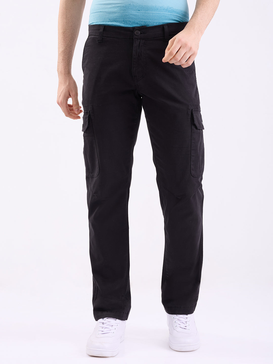 Spykar Jet Black Mid Rise Cargo Fit Casual Trouser For Men